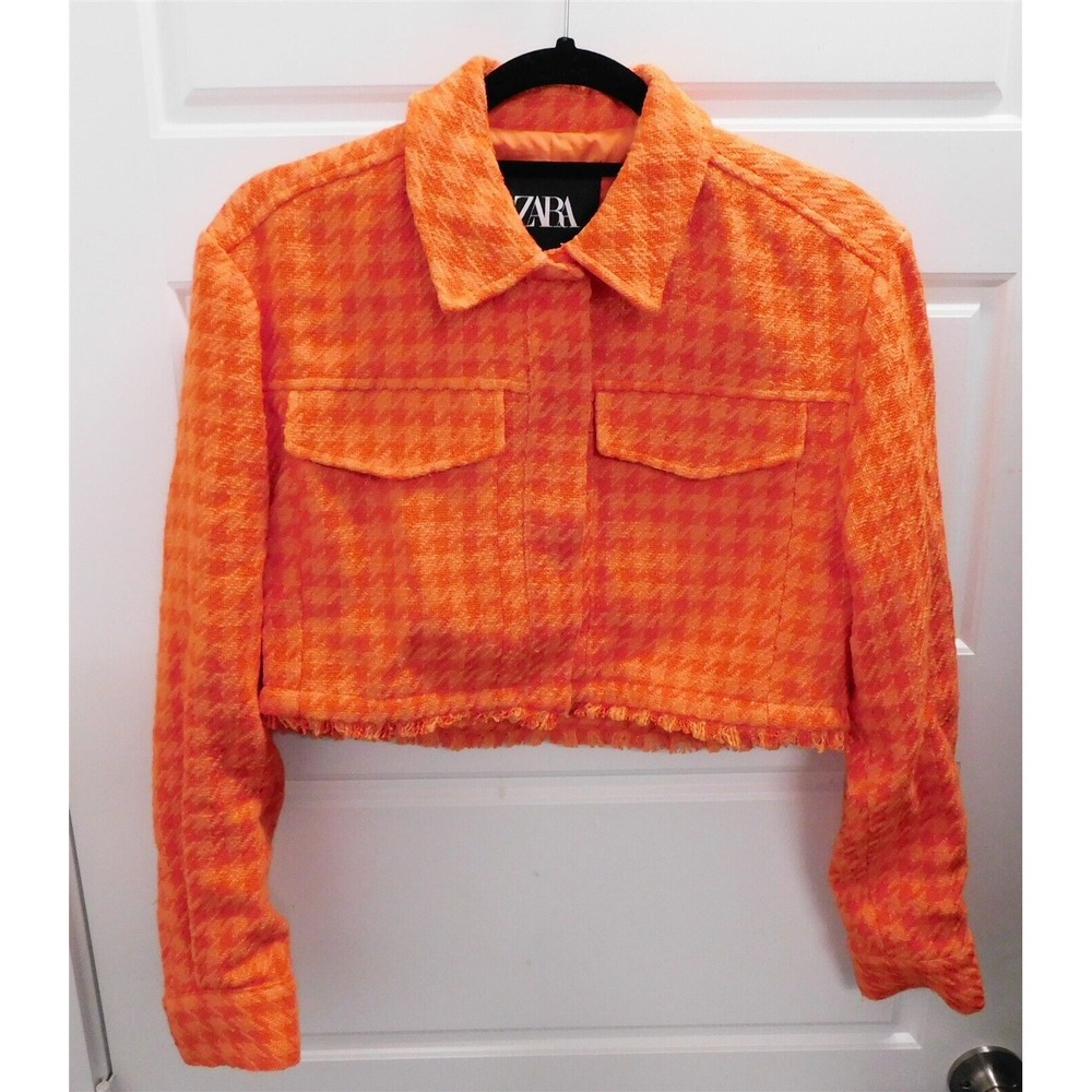 Zara Orange Houndstooth Check Fringe Accent Short Blazer Jacket sz XS